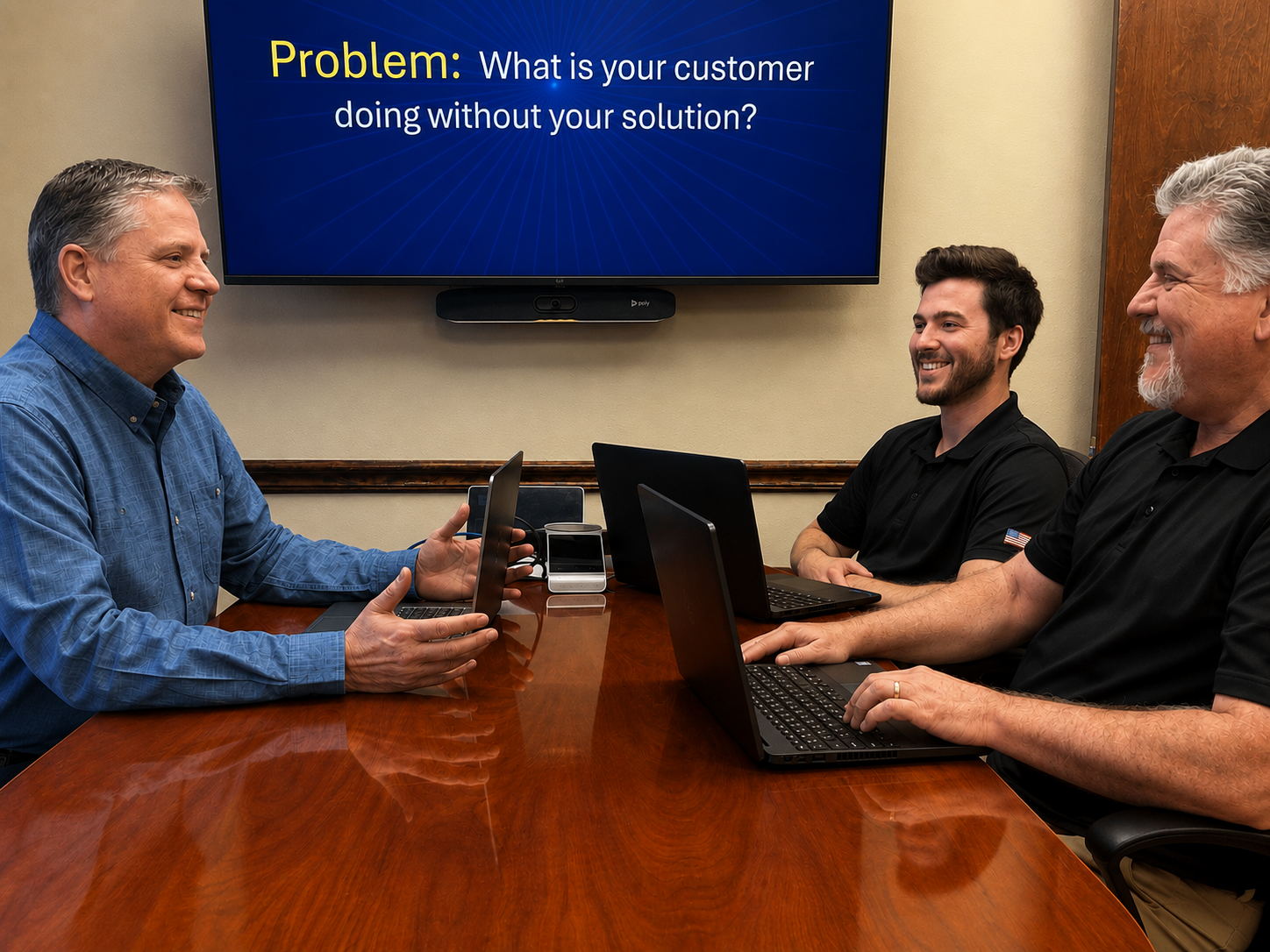 A sales coaching conversation around a conference table